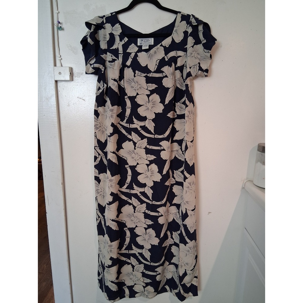 Avanti Hawaiian Silk Muumuu Dress Navy Blue Hibiscus Bamboo Floral L Womens
